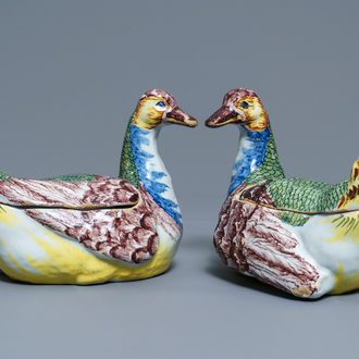 A pair of polychrome Dutch Delft duck-shaped tureens, 18th C.