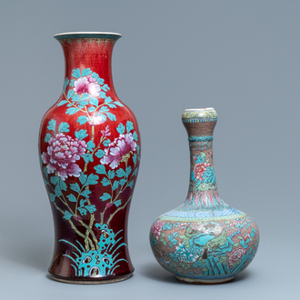Two enamelled Chinese monochrome sang-de-boeuf and flambé vases, 19th C.