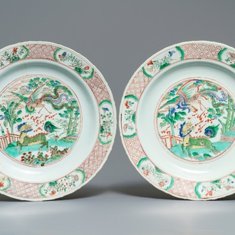 A pair of Chinese famille verte 'qilin and phoenix' dishes, Kangxi