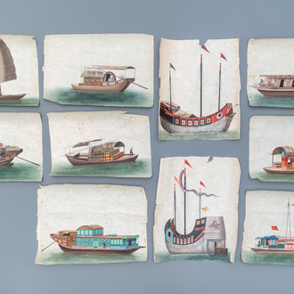 Ten Chinese Canton rice paper paintings of junks, 19th C.