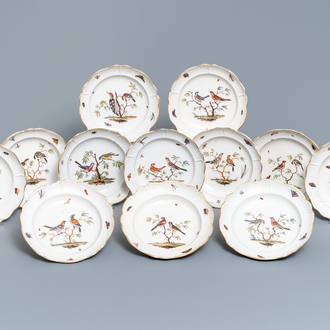 Twelve polychrome Ludwigsburg porcelain ornithological plates, Germany, 2nd half 18th C.