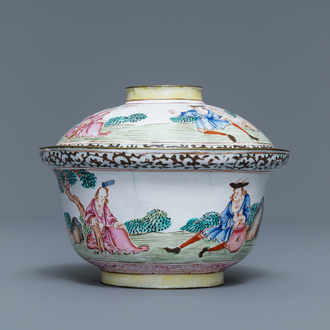 A Chinese Canton enamel 'Europeans' bowl and cover, Qianlong