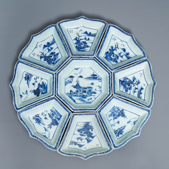 A Chinese blue and white sweetmeat or rice table set with landscape design, 18/19th C.