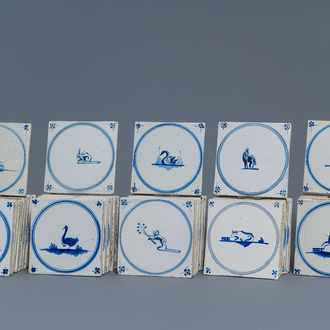 54 Dutch Delft blue and white 'animal' tiles, 18/19th C.