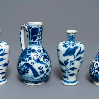 Three Dutch Delft blue and white vases and a chinoiserie jug, 17/18th C.