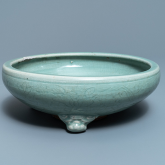 A large Chinese Longquan celadon tripod incense burner, Ming