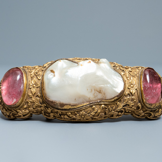 A Chinese baroque pearl and rose quartz inset gilt-bronze belt buckle, Ming