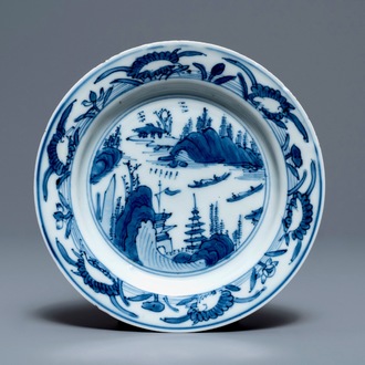 A fine Chinese blue and white landscape saucer dish, Wanli