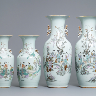 Two pairs of Chinese famille rose vases with ladies in a garden, 19/20th C.