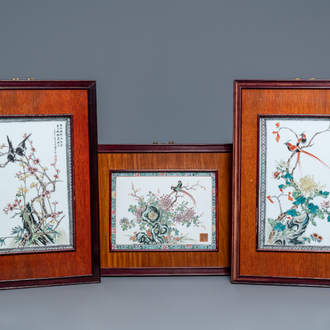 Three Chinese famille rose plaques with birds among flowers, 2nd half 20th C.