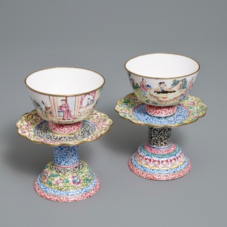 Two Chinese Canton enamel marriage bowls on stands, Yongzheng/Qianlong