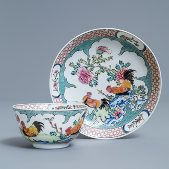 A fine Chinese famille rose eggshell 'rooster' cup and saucer, Yongzheng