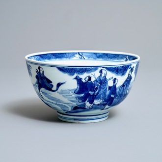 Un bol en porcelaine de Chine bleu et blanc à décor d'immortels, Kangxi