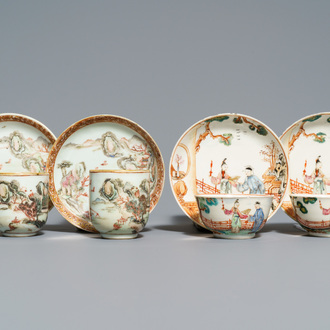 Two pairs of fine Chinese famille rose cups and saucers, Yongzheng/Qianlong