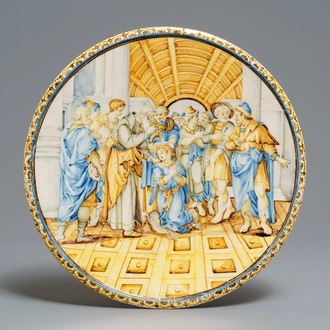 An Italian maiolica tazza with fine biblical scene, Castelli, Grue workshop, 18th C.