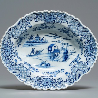 A large Dutch Delft blue and white oval lobed salad bowl, 18th C.