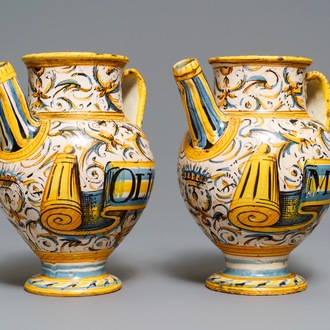 A pair of Italian maiolica armorial wet drug jars, Deruta or Umbria, 17th C.