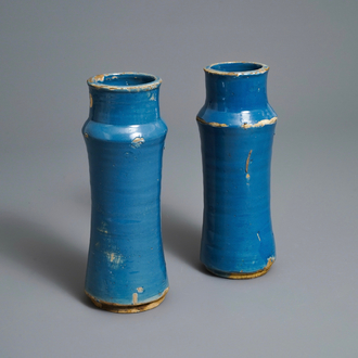 A pair of monochrome blue albarelli, Spain, 17th C.