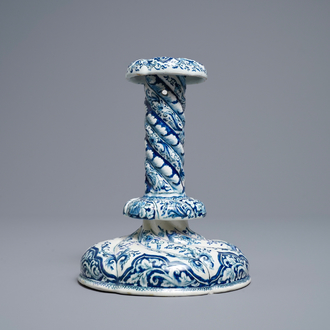 A twisted Dutch Delft blue and white candlestick, late 17th C.