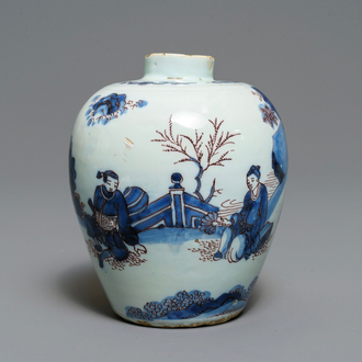 A fine Dutch Delft blue, white and manganese chinoiserie vase, 2nd half 17th C.