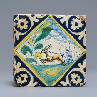 A polychrome Dutch Delft maiolica tile with a hare, ca. 1600