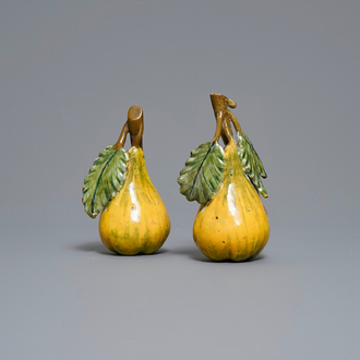 Two polychrome Dutch Delft models of pears, 18th C.