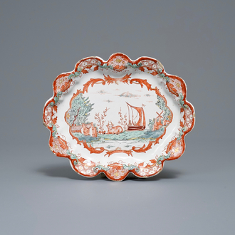 An oval Dutch Delft doré dish with lobed border, 18th C.