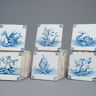 39 blauw-witte Delftse tegels met schepen en zeewezens, Gent, 17e eeuw