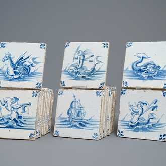 39 Delft blue and white tiles with seacreatures and ships, Ghent, 17th C.