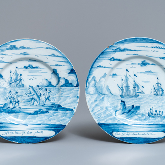 A pair of Dutch Delft blue and white 'whaling' plates, 18th C.