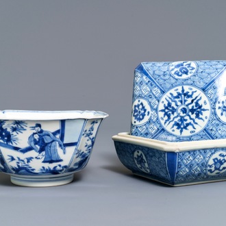 A Chinese blue and white square box and cover and a bowl, Chenghua mark, Kangxi