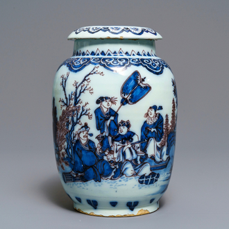 A rare Dutch Delft blue, white and manganese chinoiserie jar and cover, last quarter 17th C.