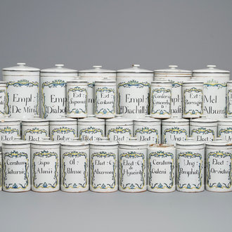 An exceptional collection of 35 French faience albarello-type drug jars, Rouen, France, late 18th C.