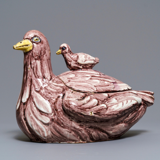 A large manganese Brussels faience partridge tureen, 18th C.