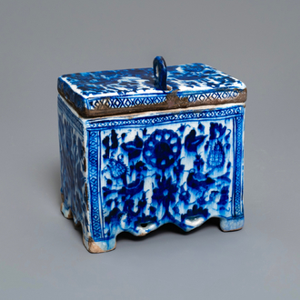 A rare blue and white Persian pottery strongbox, Qajar, Iran, 18/19th C.