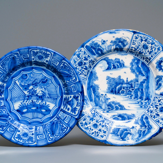Deux plats en faïence de Delft en bleu et blanc à décor de chinoiserie, fin du 17ème