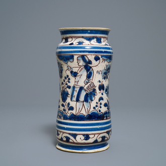 A blue, white and manganese Portuguese faience albarello, 17th C.