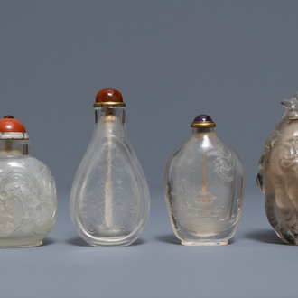 Four Chinese smoky quartz and rock crystal snuff bottles, 18/19th C.