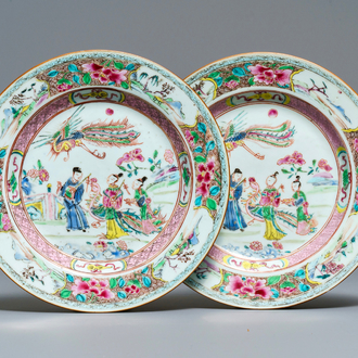 A pair of Chinese famille rose 'phoenixes' plates, Qianlong