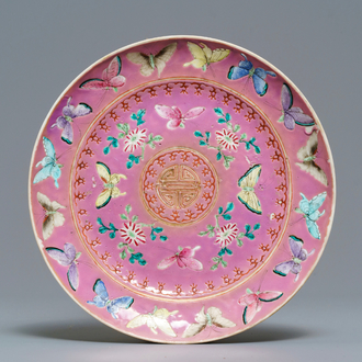 A Chinese pink-ground famille rose Straits, Peranakan or Nyonya market plate, 19th C.