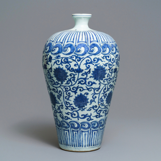 An imperial Chinese blue and white 'lotus scroll' meiping vase, Wanli mark and of the period