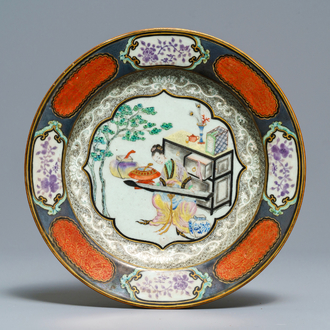 A Chinese famille rose plate with a lady playing a qin, Yongzheng