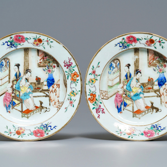 A pair of Chinese famille rose plates with a suckling lady, Yongzheng