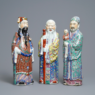 Three Chinese famille rose figures of the three star gods, 19/20th C.