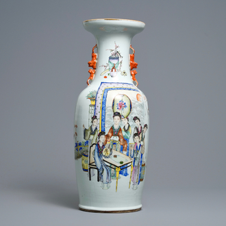 A Chinese qianjiang cai vase with women around a table, signed Yan Bing Jun, dated 1913