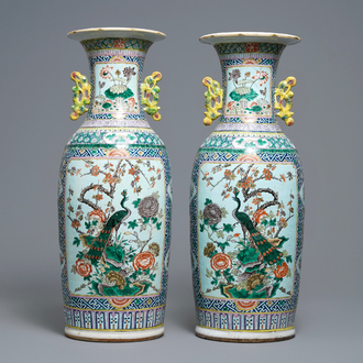 A pair of Chinese famille rose vases with birds among flowers, 19th C.