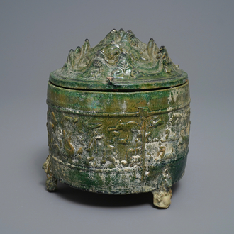 A Chinese green-glazed pottery tripod 'hill' jar, Han