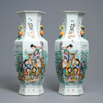 A pair of Chinese hexagonal qianjiang cai 'immortals' vases, signed Wang Qi, dated 1918