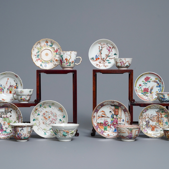 Huit tasses et soucoupes en porcelaine de Chine famille rose, Yongzheng/Qianlong