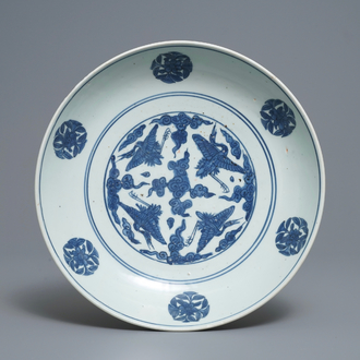 A Chinese blue and white 'cranes' dish, Jiajing mark and of the period